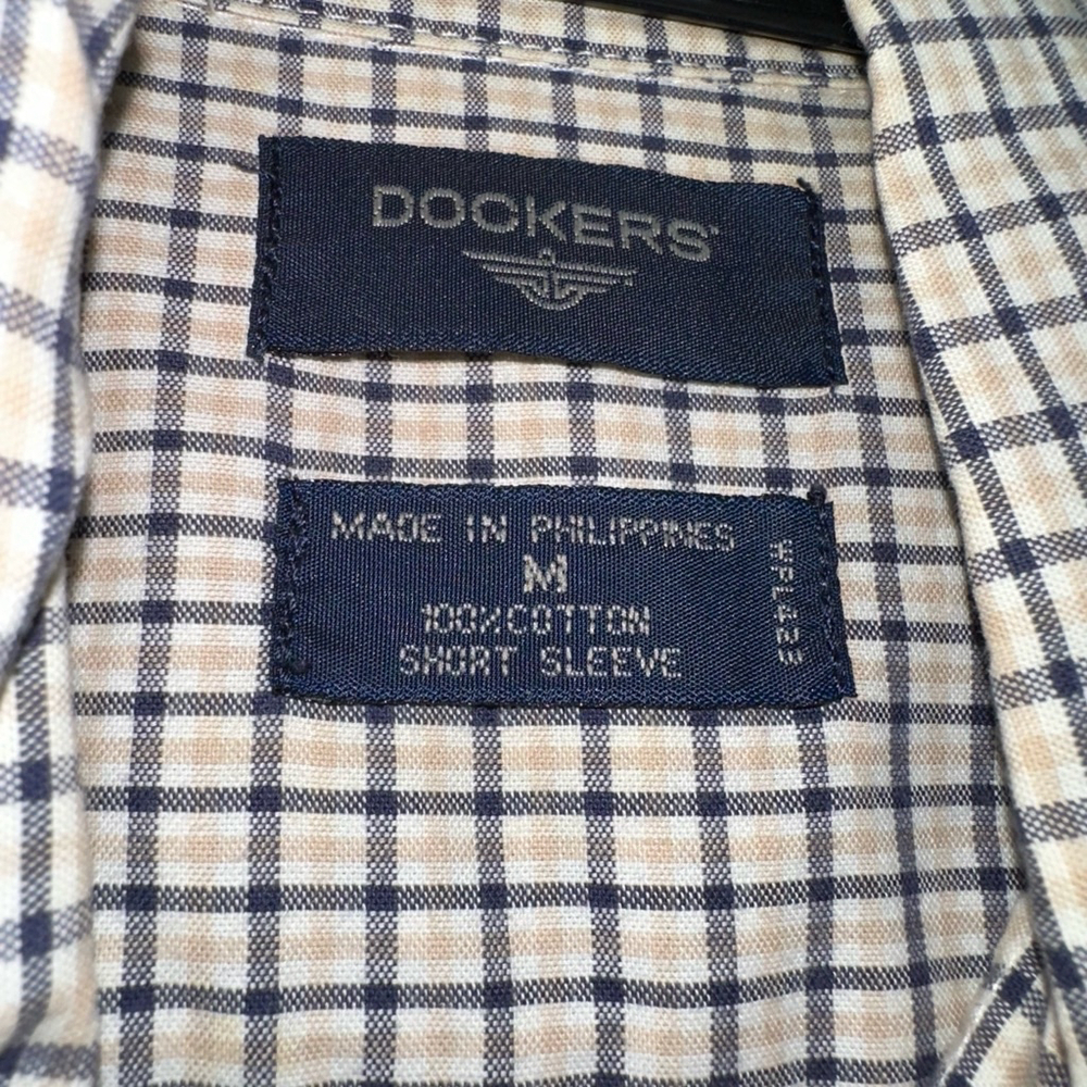 Dockers Men's Navy Cream Plaid SS Shirt Size M Seersucker Cotton Blend Button - Picture 3 of 12